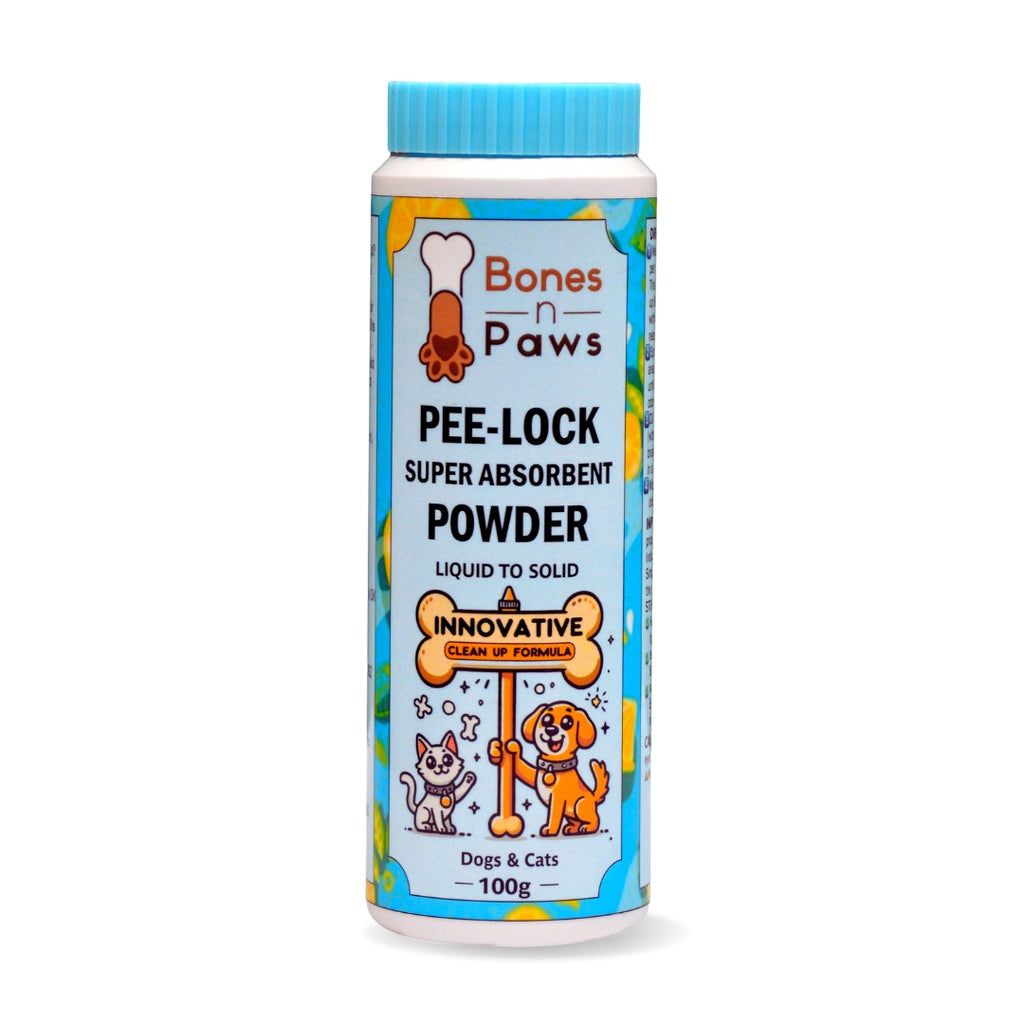 Bones N Paws Pee-Lock Super Absorbent Powder Liquid To Solid for Dogs & Cats Deodorizer 100 G| Instantly Solidifies Pee, Vomit & Waste Poop Puppy Safe | Odor Control with Lemon Essential Oil | Non-Toxic, Biocide-Infused Pet Cleaner |