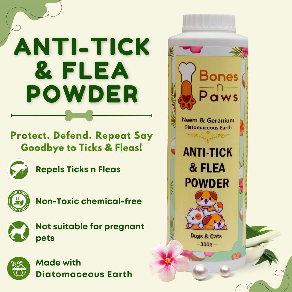 BONES N PAWS Anti-Tick & Flea Powder 300 G for Dogs & Cats | with Diatomaceous Earth, Neem, Geranium & Essential Oils | Kills Lice, Flea Eggs, Bacteria | Puppy Safe ,Anti-Fungal, Antibacterial Puppy Safe