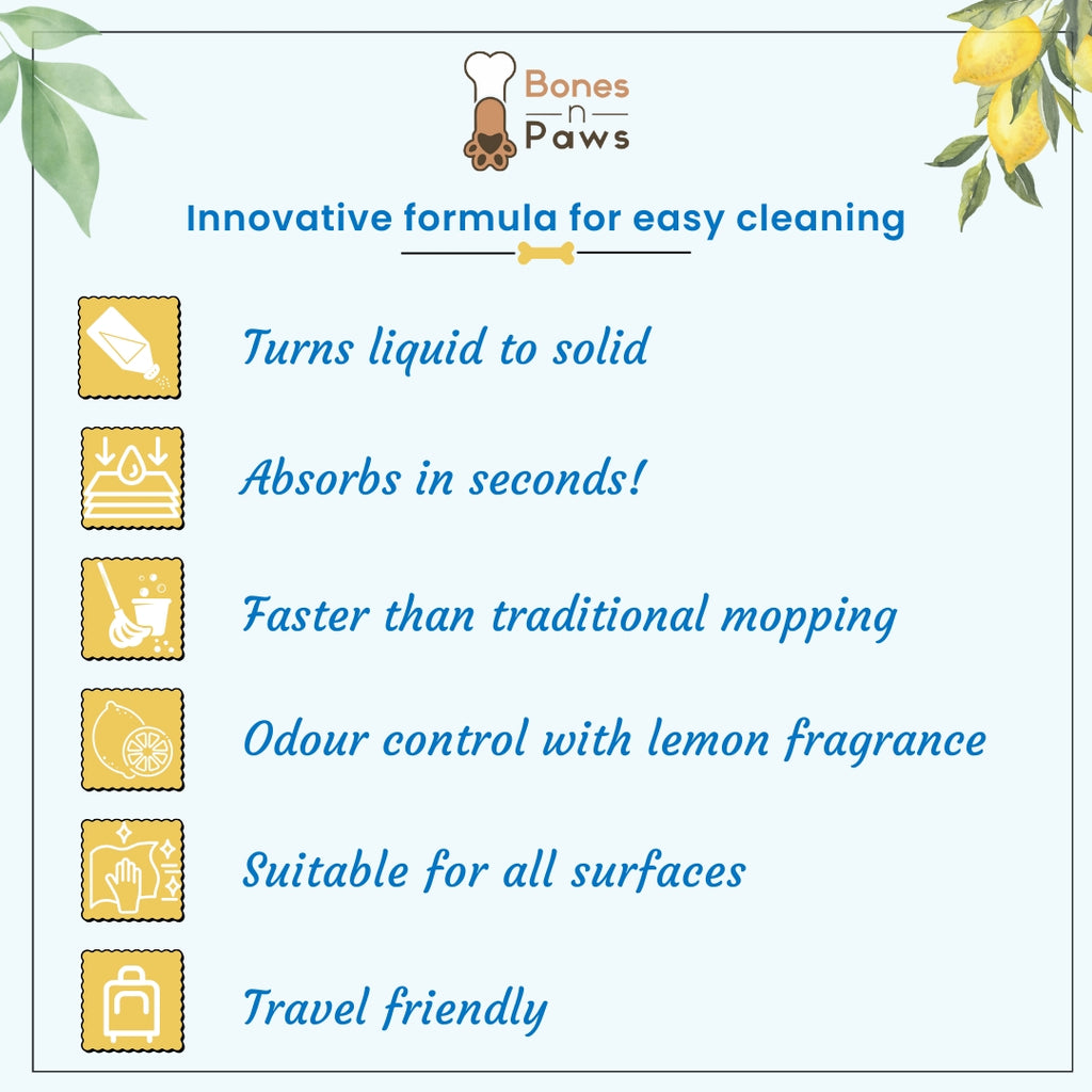 Bones N Paws Pee-Lock Super Absorbent Powder Liquid To Solid for Dogs & Cats Deodorizer 300 G| Instantly Solidifies Pee, Vomit & Waste Poop  Puppy Safe  | Odor Control with Lemon Essential Oil | Non-Toxic, Biocide-Infused Pet Cleaner