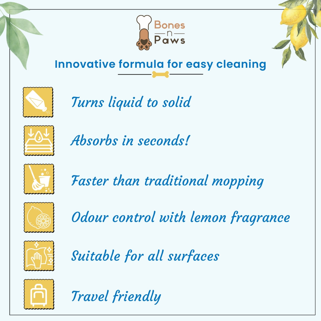 Bones N Paws Pee-Lock Super Absorbent Powder Liquid To Solid for Dogs & Cats Deodorizer 300 G| Instantly Solidifies Pee, Vomit & Waste Poop  Puppy Safe  | Odor Control with Lemon Essential Oil | Non-Toxic, Biocide-Infused Pet Cleaner