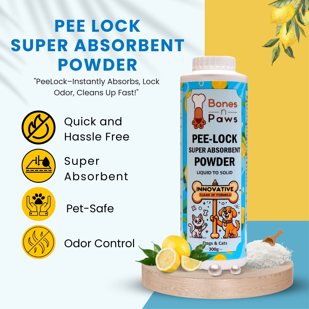 Bones N Paws Pee-Lock Super Absorbent Powder Liquid To Solid for Dogs & Cats Deodorizer 300 G| Instantly Solidifies Pee, Vomit & Waste Poop  Puppy Safe  | Odor Control with Lemon Essential Oil | Non-Toxic, Biocide-Infused Pet Cleaner