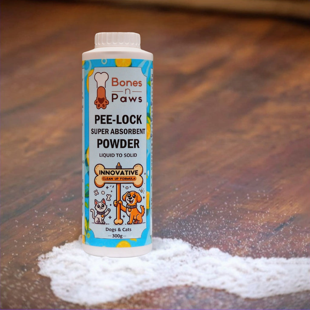 Bones N Paws Pee-Lock Super Absorbent Powder Liquid To Solid for Dogs & Cats Deodorizer 300 G| Instantly Solidifies Pee, Vomit & Waste Poop  Puppy Safe  | Odor Control with Lemon Essential Oil | Non-Toxic, Biocide-Infused Pet Cleaner