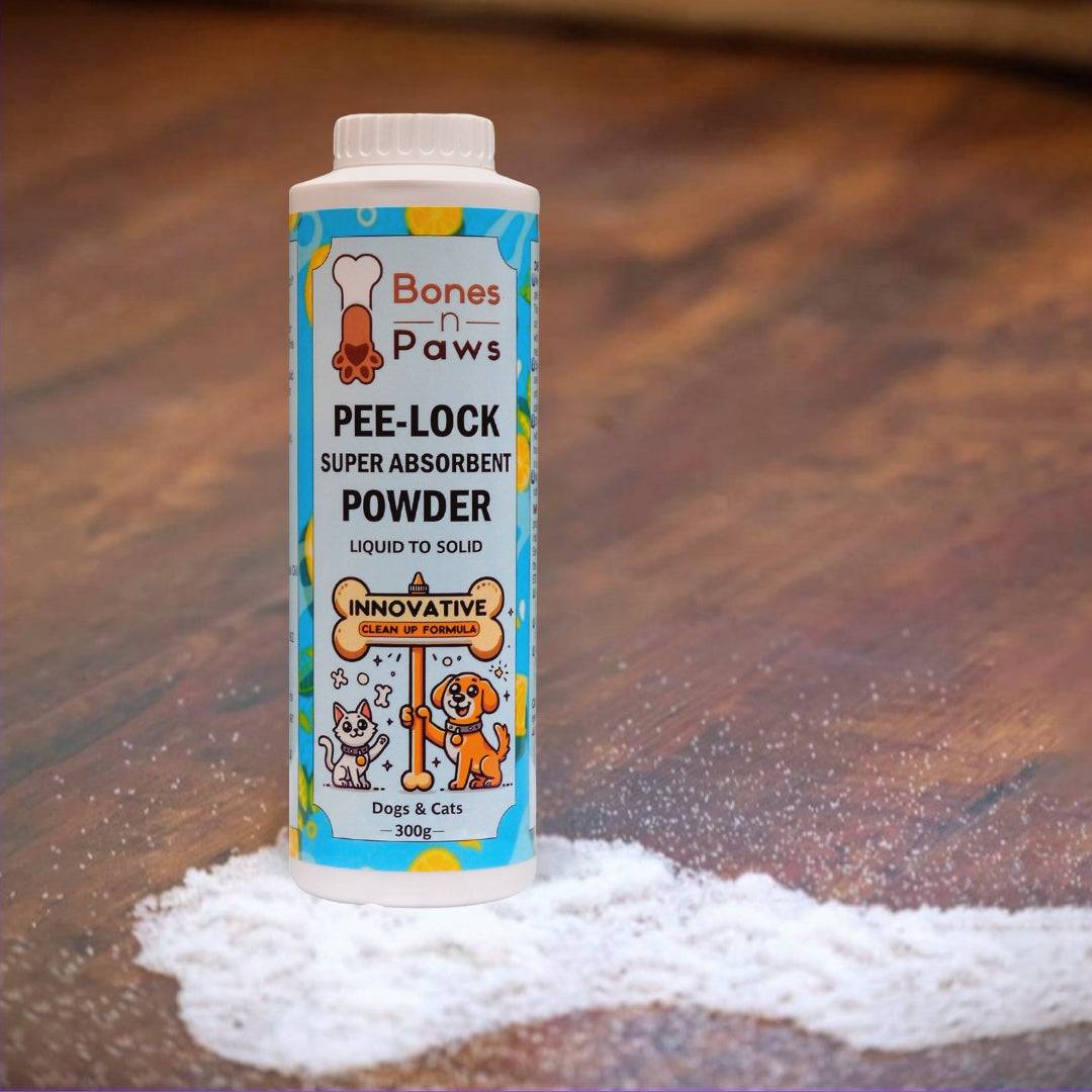 Bones N Paws Pee-Lock Super Absorbent Powder Liquid To Solid for Dogs & Cats Deodorizer 300 G| Instantly Solidifies Pee, Vomit & Waste Poop  Puppy Safe  | Odor Control with Lemon Essential Oil | Non-Toxic, Biocide-Infused Pet Cleaner