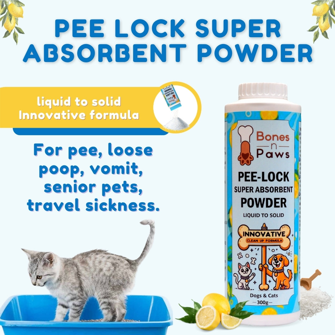 Bones N Paws Pee-Lock Super Absorbent Powder Liquid To Solid for Dogs & Cats Deodorizer 300 G| Instantly Solidifies Pee, Vomit & Waste Poop  Puppy Safe  | Odor Control with Lemon Essential Oil | Non-Toxic, Biocide-Infused Pet Cleaner
