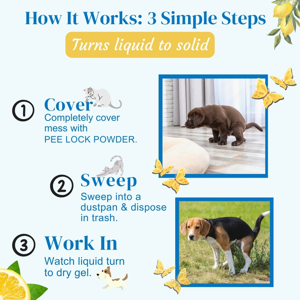 Bones N Paws Pee-Lock Super Absorbent Powder Liquid To Solid for Dogs & Cats Deodorizer 300 G| Instantly Solidifies Pee, Vomit & Waste Poop  Puppy Safe  | Odor Control with Lemon Essential Oil | Non-Toxic, Biocide-Infused Pet Cleaner