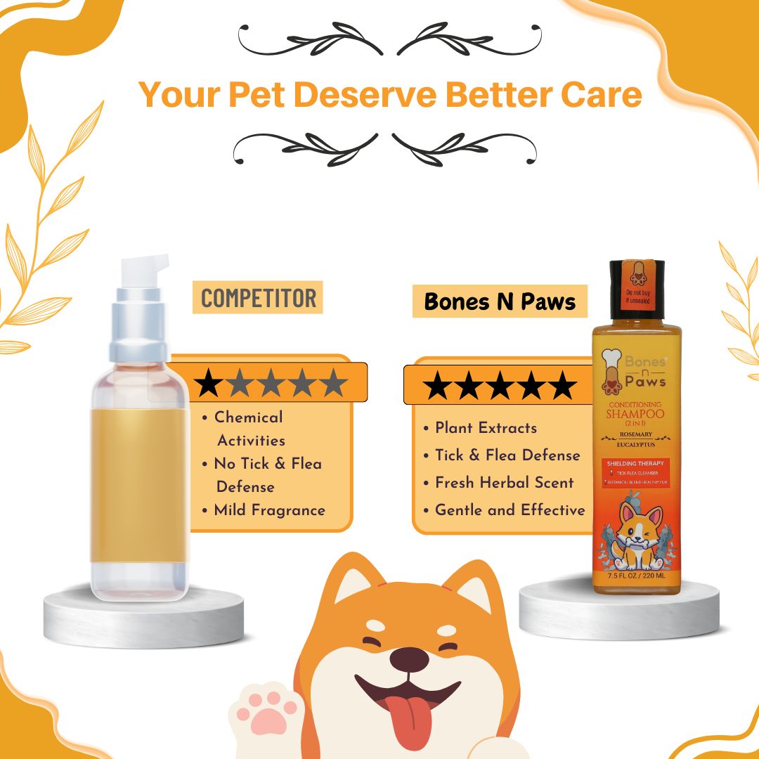 Bones N Paws 2-in-1 Anti-Tick & Flea Dog N cat Shampoo 220ml | Conditioning Pet Coat Cleanser with Rosemary & Eucalyptus  Puppy Safe| Kills Ticks & Fleas | Anti-Fungal, Antibacterial | Safe for All Breeds