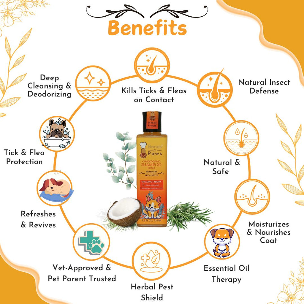 Bones N Paws 2-in-1 Anti-Tick & Flea Dog N cat Shampoo 220ml | Conditioning Pet Coat Cleanser with Rosemary & Eucalyptus  Puppy Safe| Kills Ticks & Fleas | Anti-Fungal, Antibacterial | Safe for All Breeds