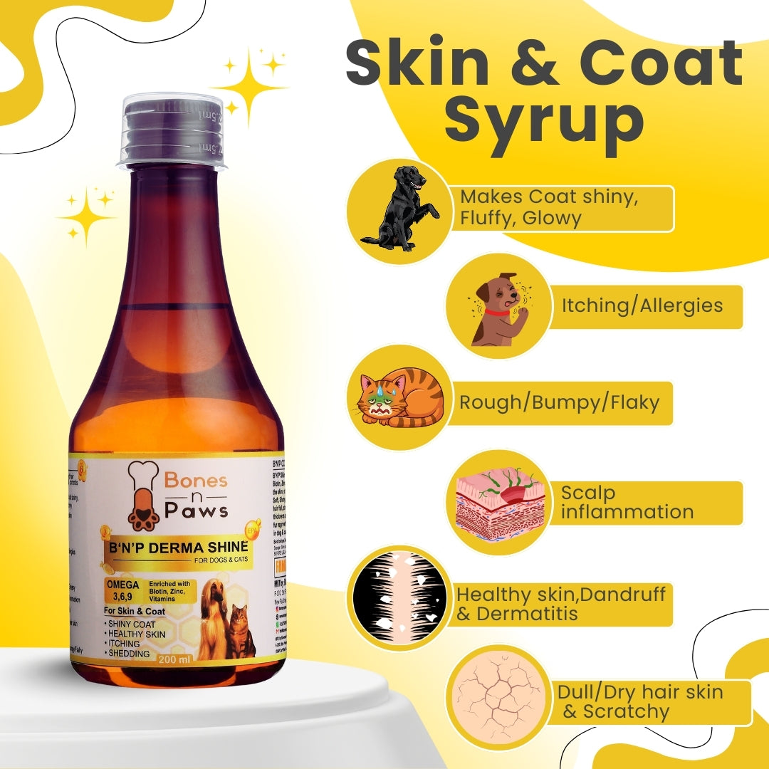Bones & Paws B’N’P Derma Shine Skin & Coat Syrup for Dogs & Cats 200ml – Omega 3-6-9 with Fish Oil, Biotin & Zinc for Shiny Coat & Healthy Skin |