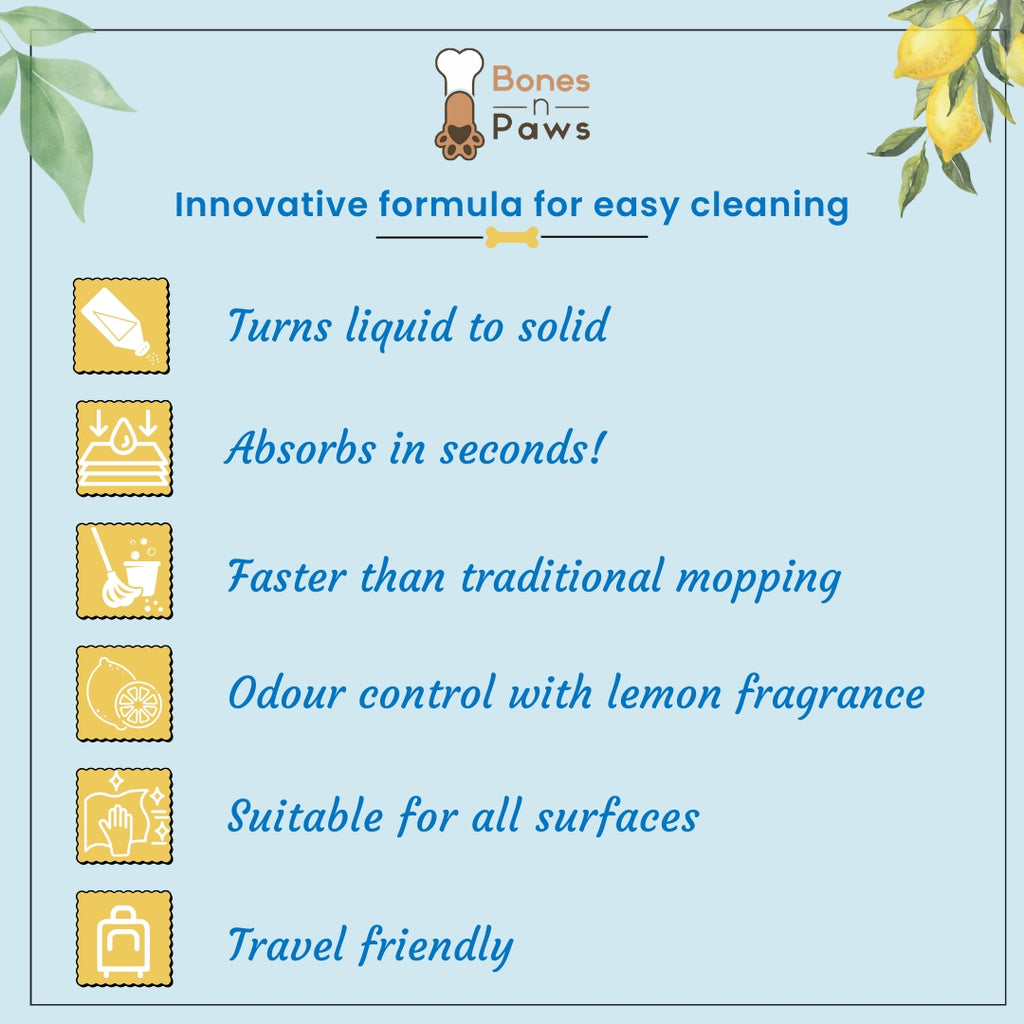 Bones N Paws Pee-Lock Super Absorbent Powder Liquid To Solid for Dogs & Cats Deodorizer 100 G| Instantly Solidifies Pee, Vomit & Waste Poop Puppy Safe | Odor Control with Lemon Essential Oil | Non-Toxic, Biocide-Infused Pet Cleaner |