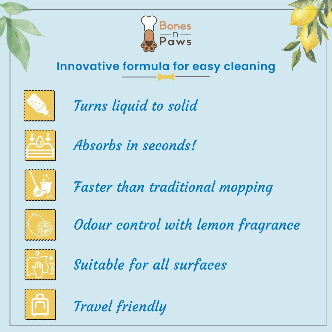 Bones N Paws Pee-Lock Super Absorbent Powder Liquid To Solid for Dogs & Cats Deodorizer 100 G| Instantly Solidifies Pee, Vomit & Waste Poop Puppy Safe | Odor Control with Lemon Essential Oil | Non-Toxic, Biocide-Infused Pet Cleaner |
