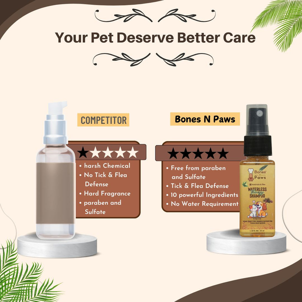 Bones N Paws Anti-Tick & Flea Dry Shampoo for Dogs, Cats , Pets 35ml | Waterless Vegan Spray | 9 Plant-Based Ingredients |  Puppy Safe Tick & Bug Repellent