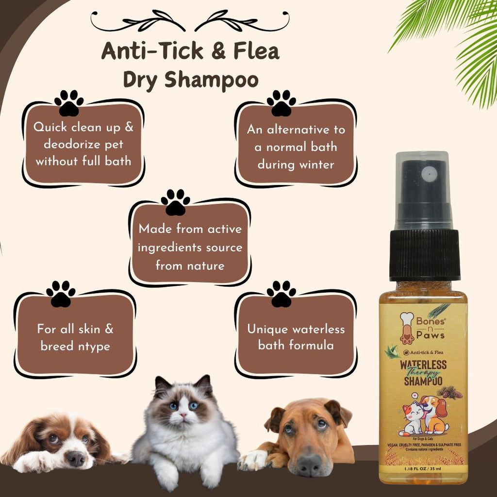 Bones N Paws Anti-Tick & Flea Dry Shampoo for Dogs, Cats , Pets 35ml | Waterless Vegan Spray | 9 Plant-Based Ingredients |  Puppy Safe Tick & Bug Repellent