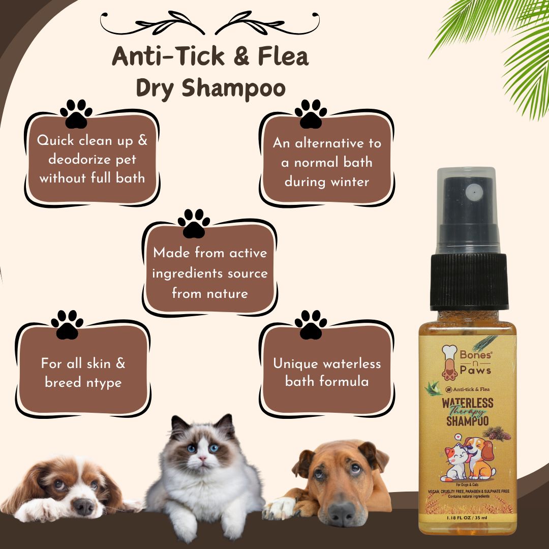 Bones N Paws Anti-Tick & Flea Dry Shampoo for Dogs, Cats , Pets 35ml | Waterless Vegan Spray | 9 Plant-Based Ingredients |  Puppy Safe Tick & Bug Repellent