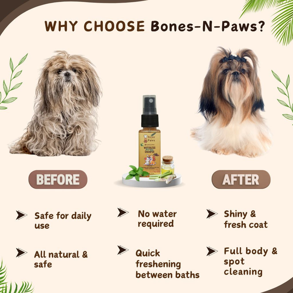 Bones N Paws Anti-Tick & Flea Dry Shampoo for Dogs, Cats , Pets 35ml | Waterless Vegan Spray | 9 Plant-Based Ingredients |  Puppy Safe Tick & Bug Repellent