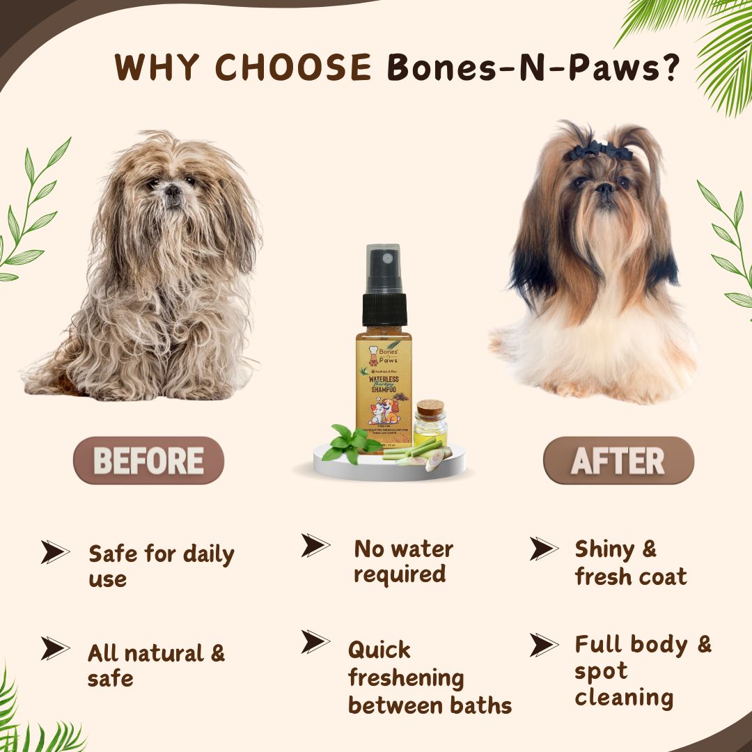 Bones N Paws Anti-Tick & Flea Dry Shampoo for Dogs, Cats , Pets 35ml | Waterless Vegan Spray | 9 Plant-Based Ingredients |  Puppy Safe Tick & Bug Repellent