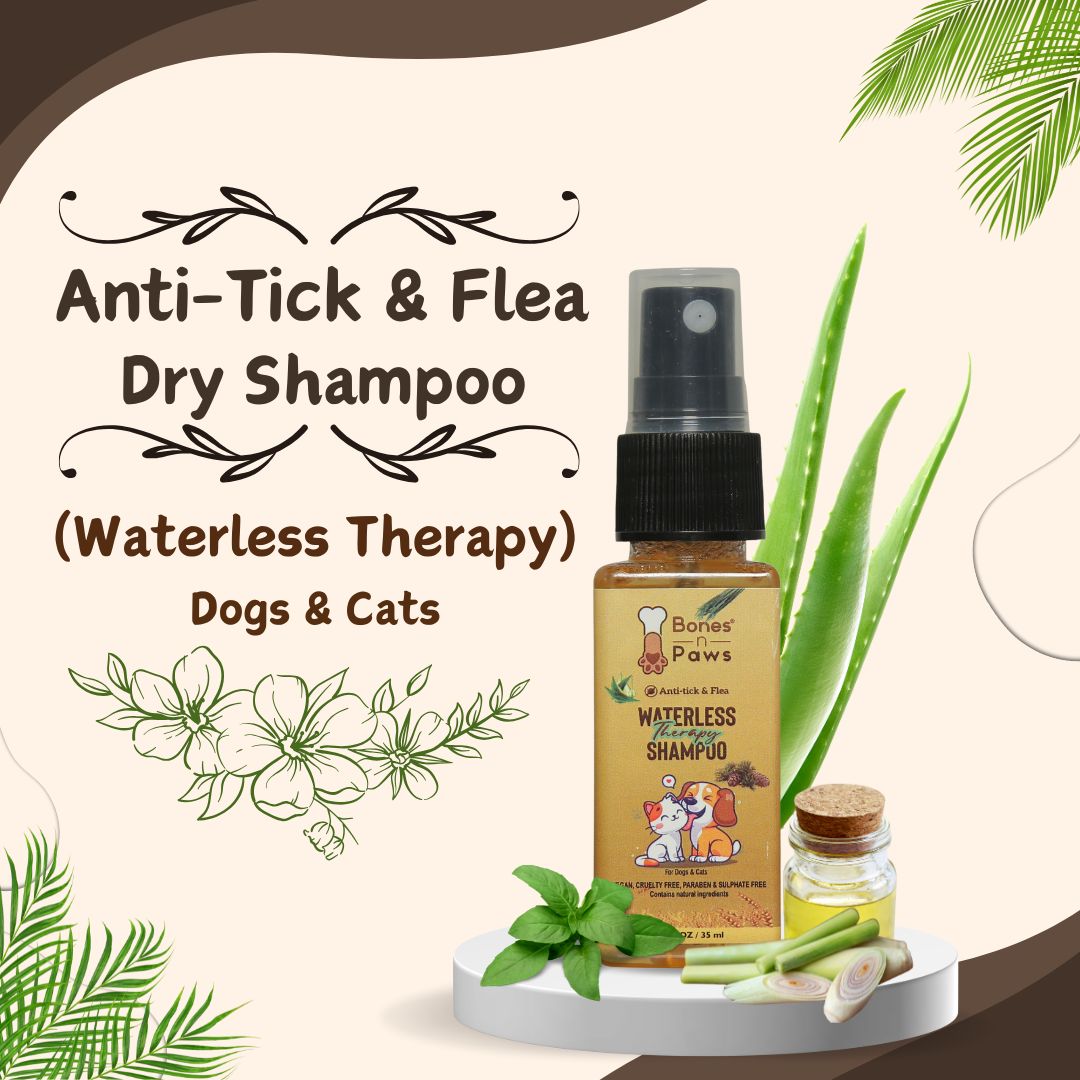 Bones N Paws Anti-Tick & Flea Dry Shampoo for Dogs, Cats , Pets 35ml | Waterless Vegan Spray | 9 Plant-Based Ingredients |  Puppy Safe Tick & Bug Repellent