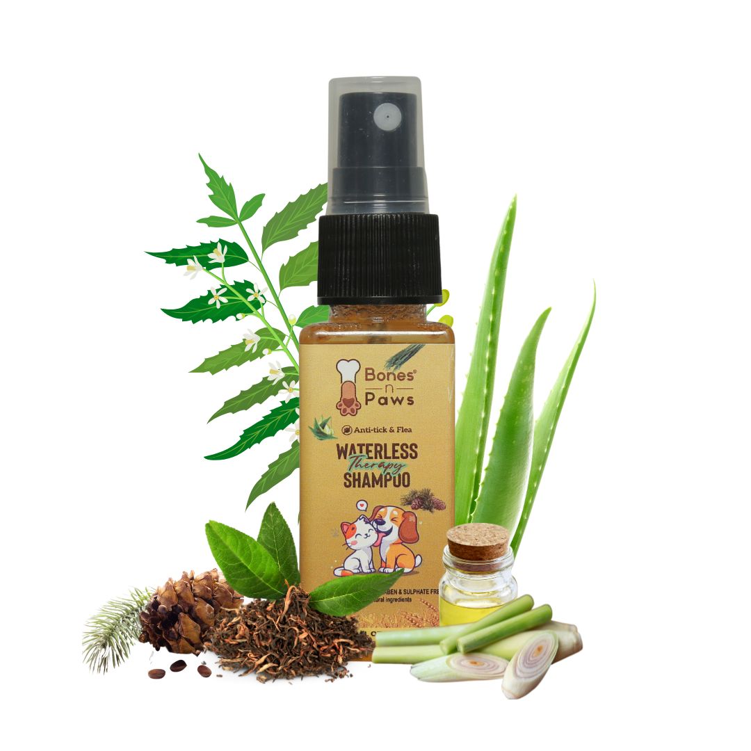 Bones N Paws Anti-Tick & Flea Dry Shampoo for Dogs, Cats , Pets 35ml | Waterless Vegan Spray | 9 Plant-Based Ingredients |  Puppy Safe Tick & Bug Repellent