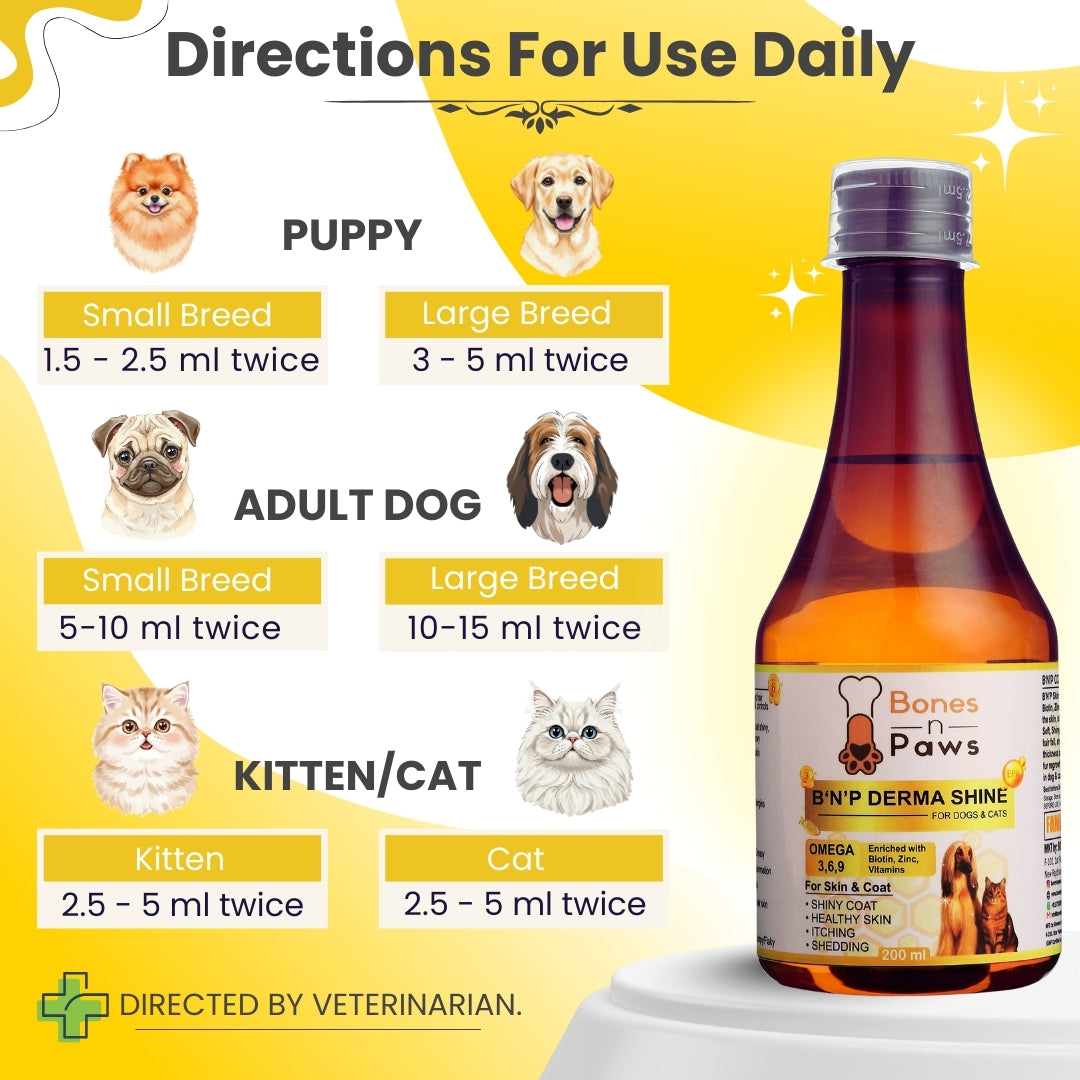 Bones & Paws B’N’P Derma Shine Skin & Coat Syrup for Dogs & Cats 200ml – Omega 3-6-9 with Fish Oil, Biotin & Zinc for Shiny Coat & Healthy Skin |