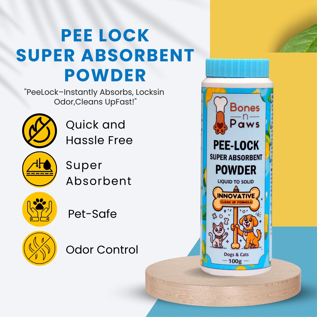 Bones N Paws Pee-Lock Super Absorbent Powder Liquid To Solid for Dogs & Cats Deodorizer 100 G| Instantly Solidifies Pee, Vomit & Waste Poop Puppy Safe | Odor Control with Lemon Essential Oil | Non-Toxic, Biocide-Infused Pet Cleaner |