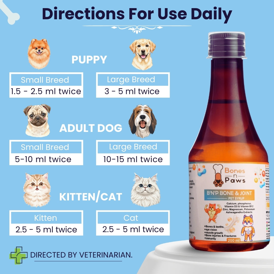 Bones & Paws B’N’P Bone & Joint Pet Syrup for Dogs & Cats 200ml – Strong Bones, Joints, Teeth,muscle growth with Calcium, Phosphorus, Vitamin D3 & B12 |