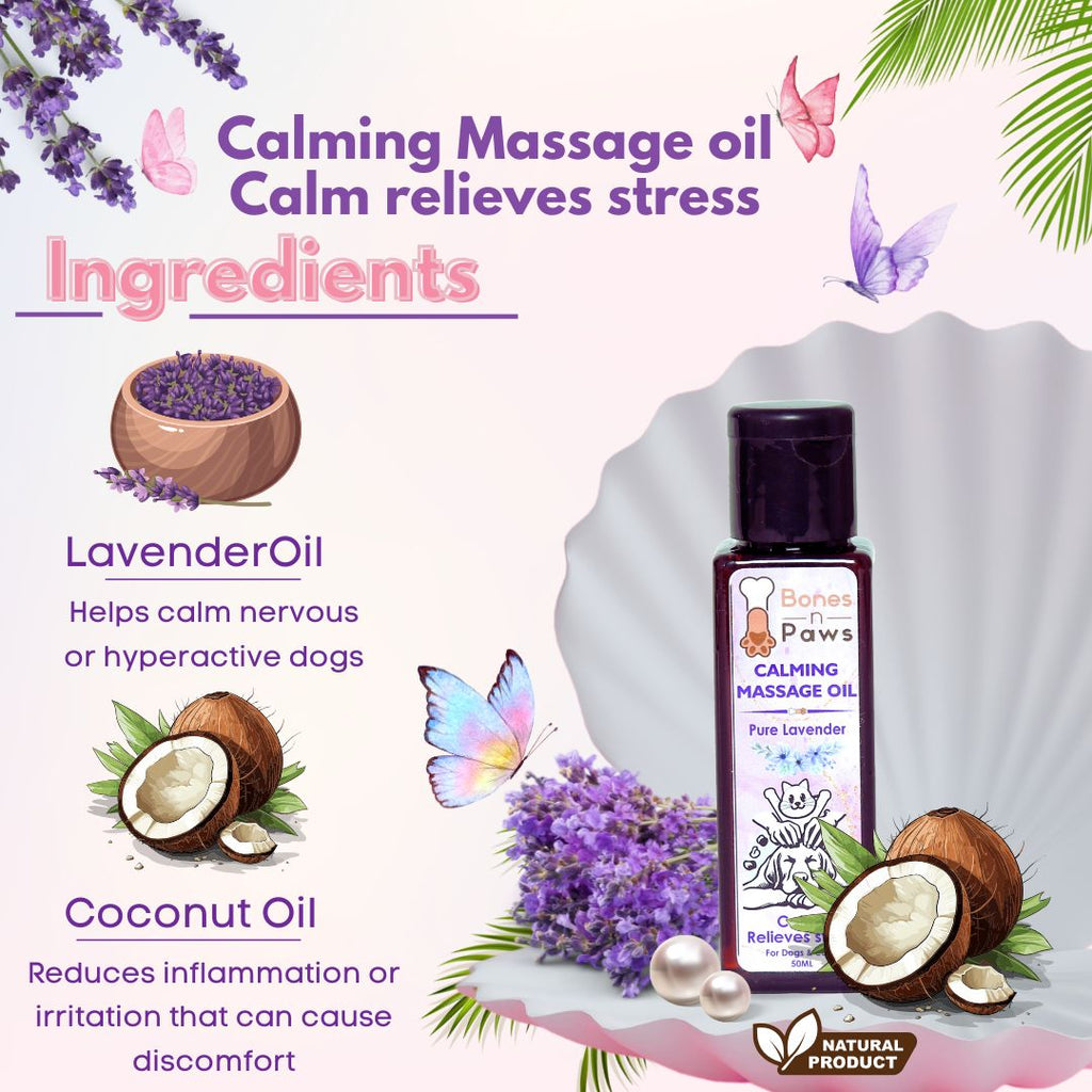Bones N paws Calming Spa Massage Oil for Dogs & Cats 50ml | Pre-Bath Aromatherapy with Lavender & Cold-Pressed Coconut | Stress Relief, Itching, Shedding, Joint Comfort | Natural Pet Spa Oil