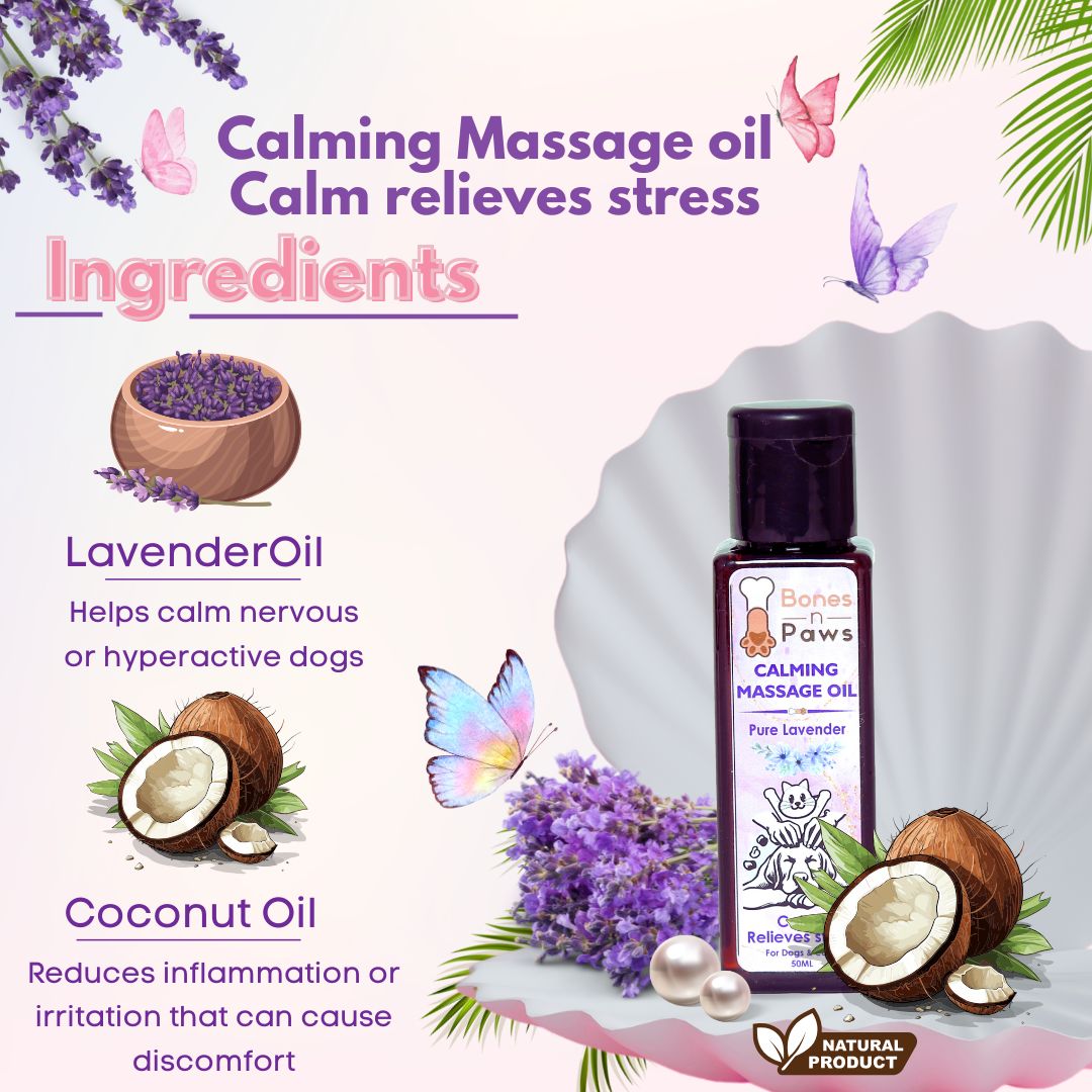 Bones N paws Calming Spa Massage Oil for Dogs & Cats 50ml | Pre-Bath Aromatherapy with Lavender & Cold-Pressed Coconut | Stress Relief, Itching, Shedding, Joint Comfort | Natural Pet Spa Oil