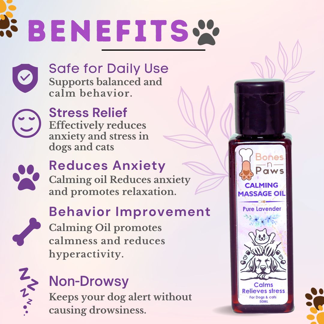 Bones N paws Calming Spa Massage Oil for Dogs & Cats 50ml | Pre-Bath Aromatherapy with Lavender & Cold-Pressed Coconut | Stress Relief, Itching, Shedding, Joint Comfort | Natural Pet Spa Oil