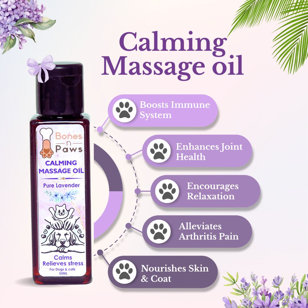 Bones N paws Calming Spa Massage Oil for Dogs & Cats 50ml | Pre-Bath Aromatherapy with Lavender & Cold-Pressed Coconut | Stress Relief, Itching, Shedding, Joint Comfort | Natural Pet Spa Oil