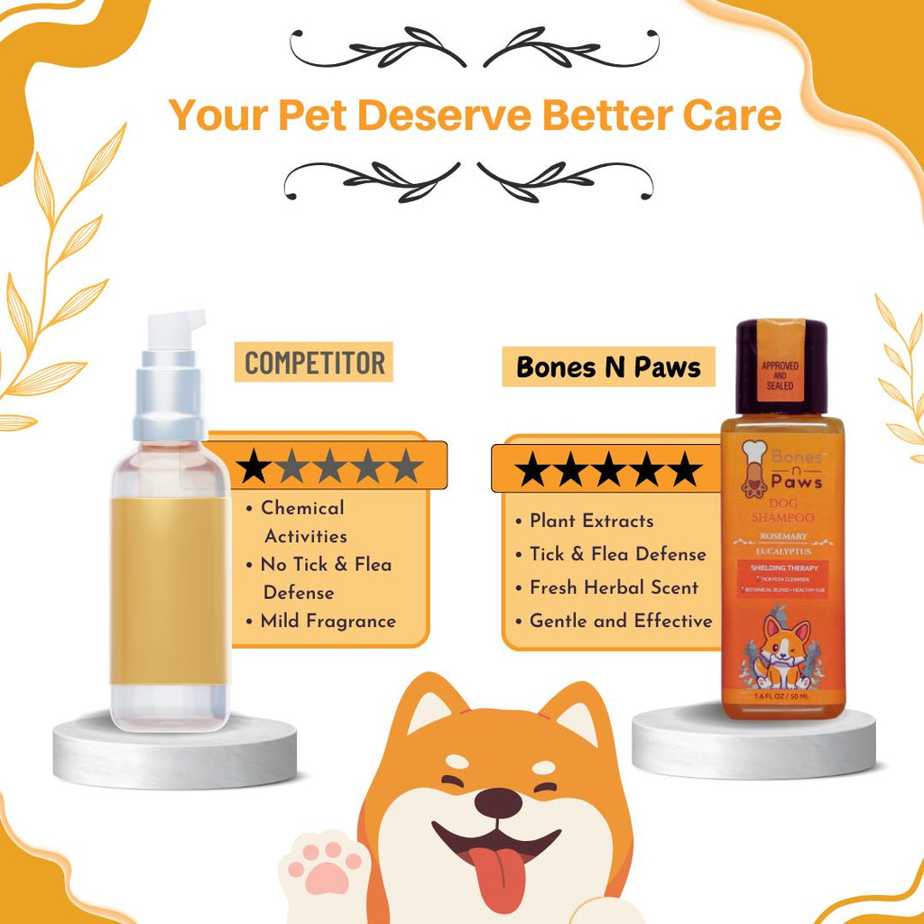 Bones N Paws 2-in-1 Anti-Tick & Flea Dog N cat Shampoo 50ml | Conditioning Pet Coat Cleanser with Rosemary & Eucalyptus  Puppy Safe | Kills Ticks & Fleas | Anti-Fungal, Antibacterial | Safe for All Breeds