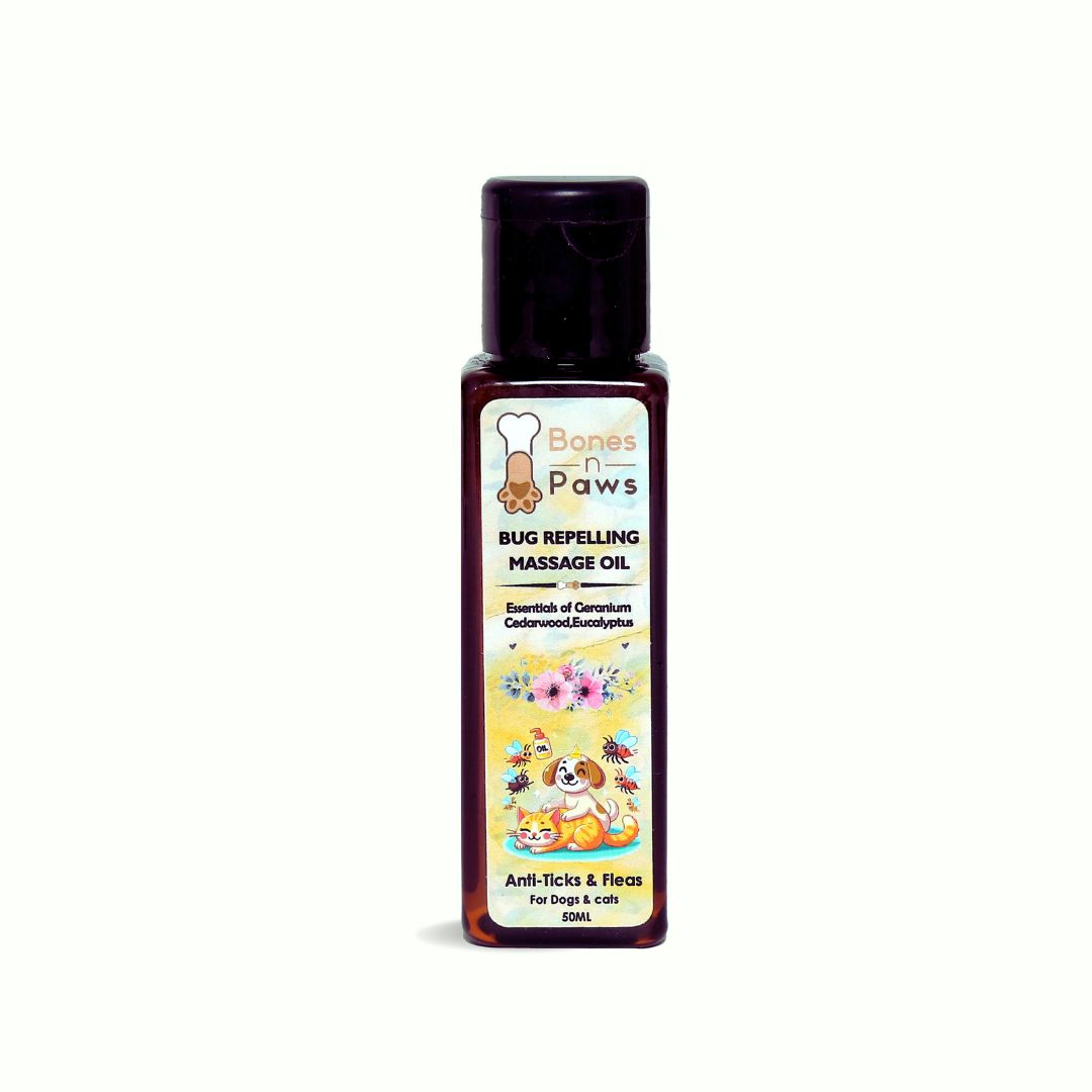 Bones N Paws Bug-Repelling Massage Oil for Dogs & Cats 50ml | Anti-Tick & Flea Pre-Bath Spa Oil | with Geranium, Cedarwood, Eucalyptus, Lemongrass & Cold-Pressed Coconut Oil  Puppy Safe |