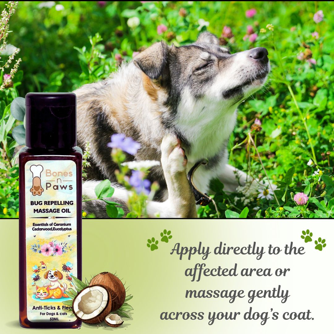 Bones N Paws Bug-Repelling Massage Oil for Dogs & Cats 50ml | Anti-Tick & Flea Pre-Bath Spa Oil | with Geranium, Cedarwood, Eucalyptus, Lemongrass & Cold-Pressed Coconut Oil  Puppy Safe |
