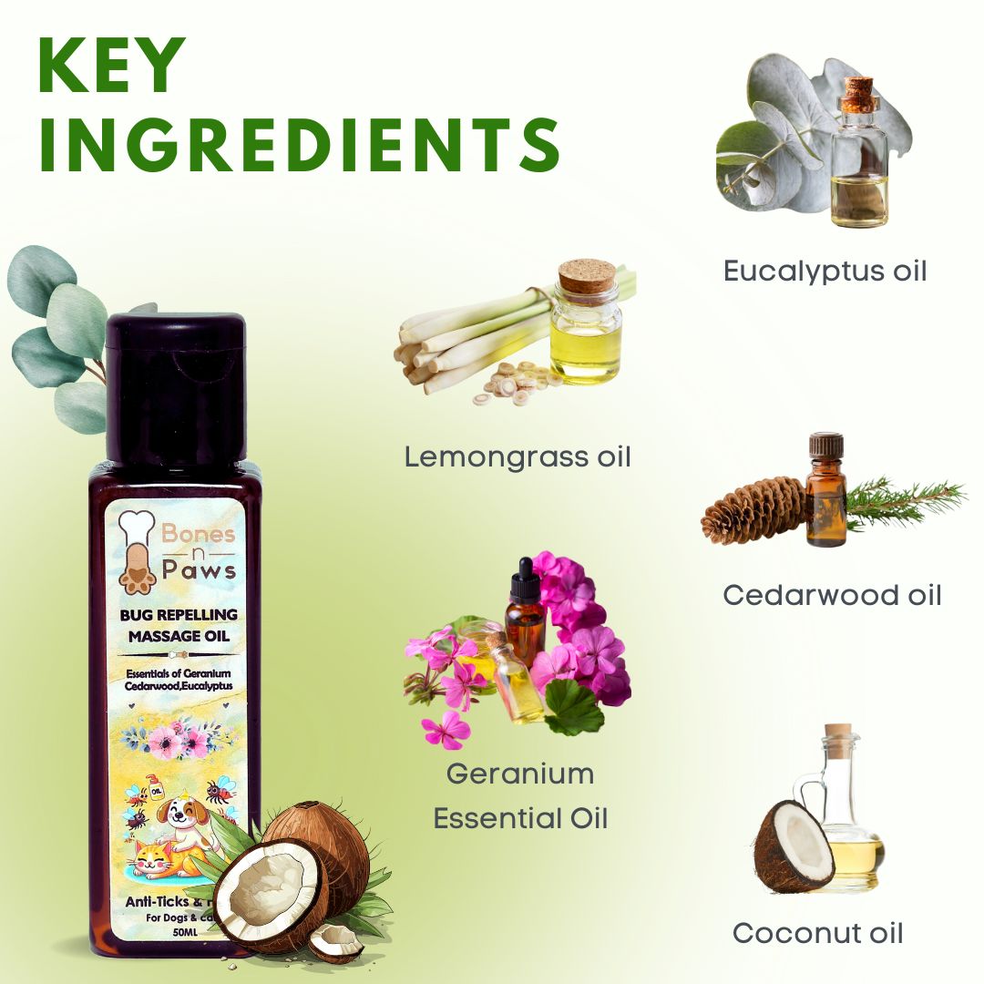 Bones N Paws Bug-Repelling Massage Oil for Dogs & Cats 50ml | Anti-Tick & Flea Pre-Bath Spa Oil | with Geranium, Cedarwood, Eucalyptus, Lemongrass & Cold-Pressed Coconut Oil  Puppy Safe |