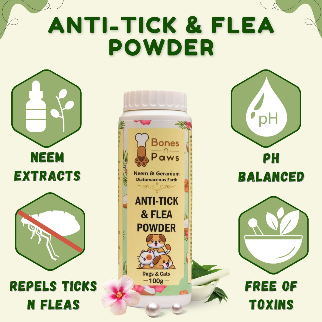 BONES N PAWS Anti-Tick & Flea Powder 100 G for Dogs & Cats | with Diatomaceous Earth, Neem, Geranium & Essential Oils  Puppy Safe | Kills Lice, Flea Eggs, Bacteria | Puppy Safe ,Anti-Fungal, Antibacterial