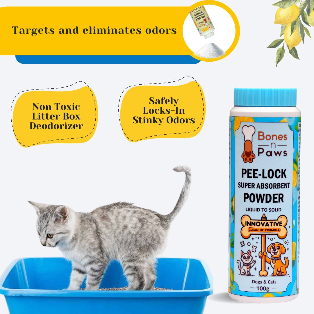 Bones N Paws Pee-Lock Super Absorbent Powder Liquid To Solid for Dogs & Cats Deodorizer 100 G| Instantly Solidifies Pee, Vomit & Waste Poop Puppy Safe | Odor Control with Lemon Essential Oil | Non-Toxic, Biocide-Infused Pet Cleaner |