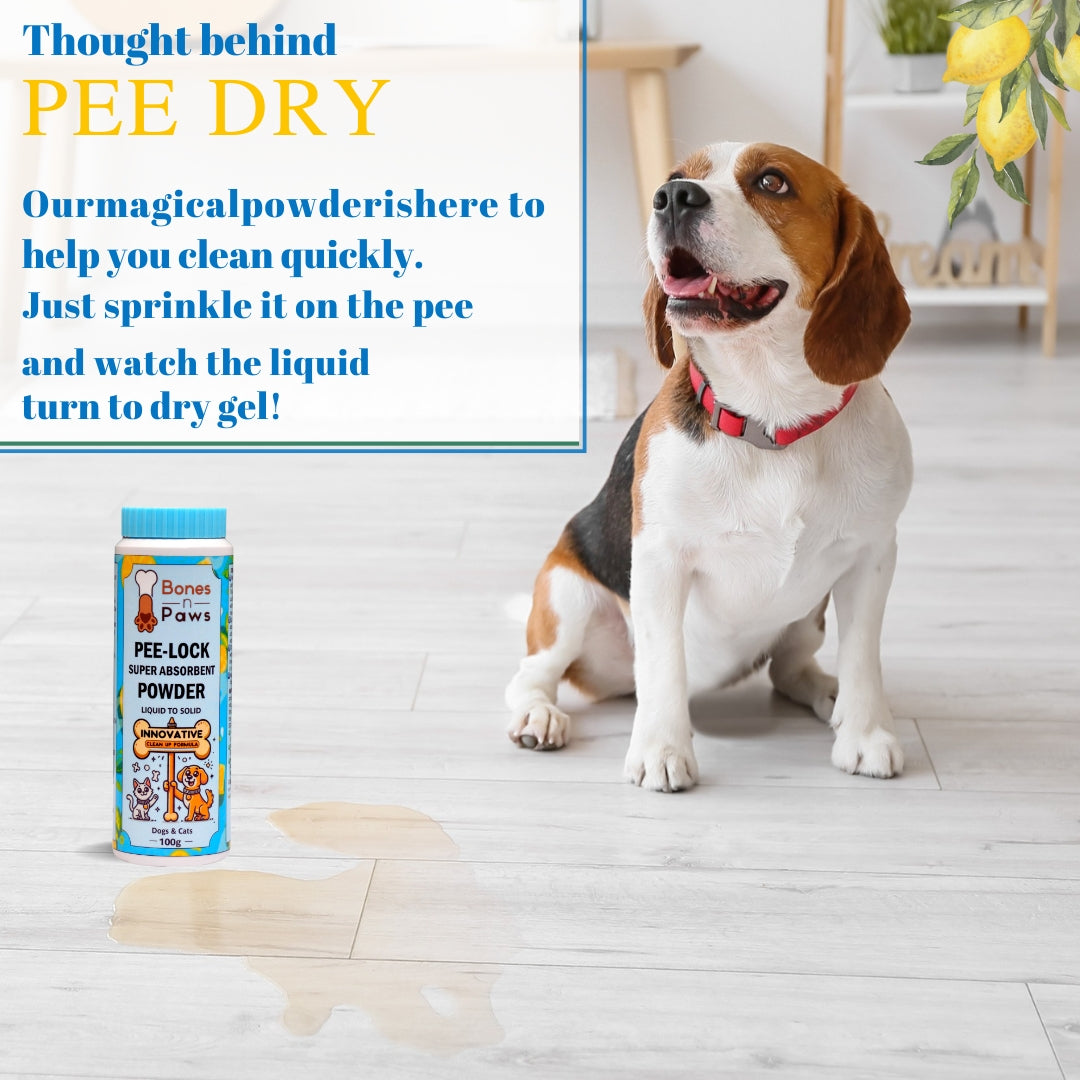 Bones N Paws Pee-Lock Super Absorbent Powder Liquid To Solid for Dogs & Cats Deodorizer 100 G| Instantly Solidifies Pee, Vomit & Waste Poop Puppy Safe | Odor Control with Lemon Essential Oil | Non-Toxic, Biocide-Infused Pet Cleaner |