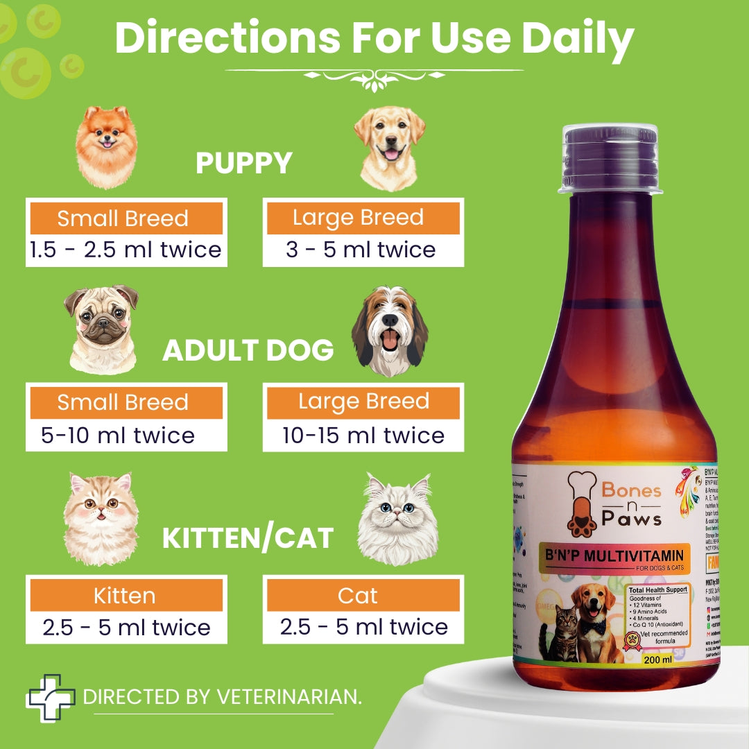 Bones & Paws B’N’P Multivitamin Syrup for Dogs & Cats (200 ml) | 12 Vitamins, 9 Amino Acids, Minerals & CoQ10 | Skin, Coat, Immunity & Energy Support