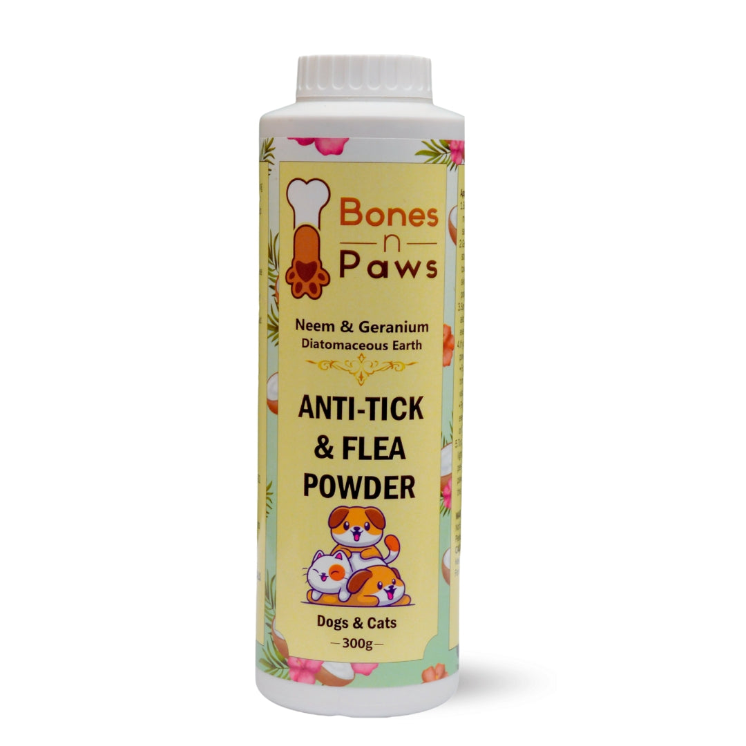 BONES N PAWS Anti-Tick & Flea Powder 300 G for Dogs & Cats | with Diatomaceous Earth, Neem, Geranium & Essential Oils | Kills Lice, Flea Eggs, Bacteria | Puppy Safe ,Anti-Fungal, Antibacterial Puppy Safe