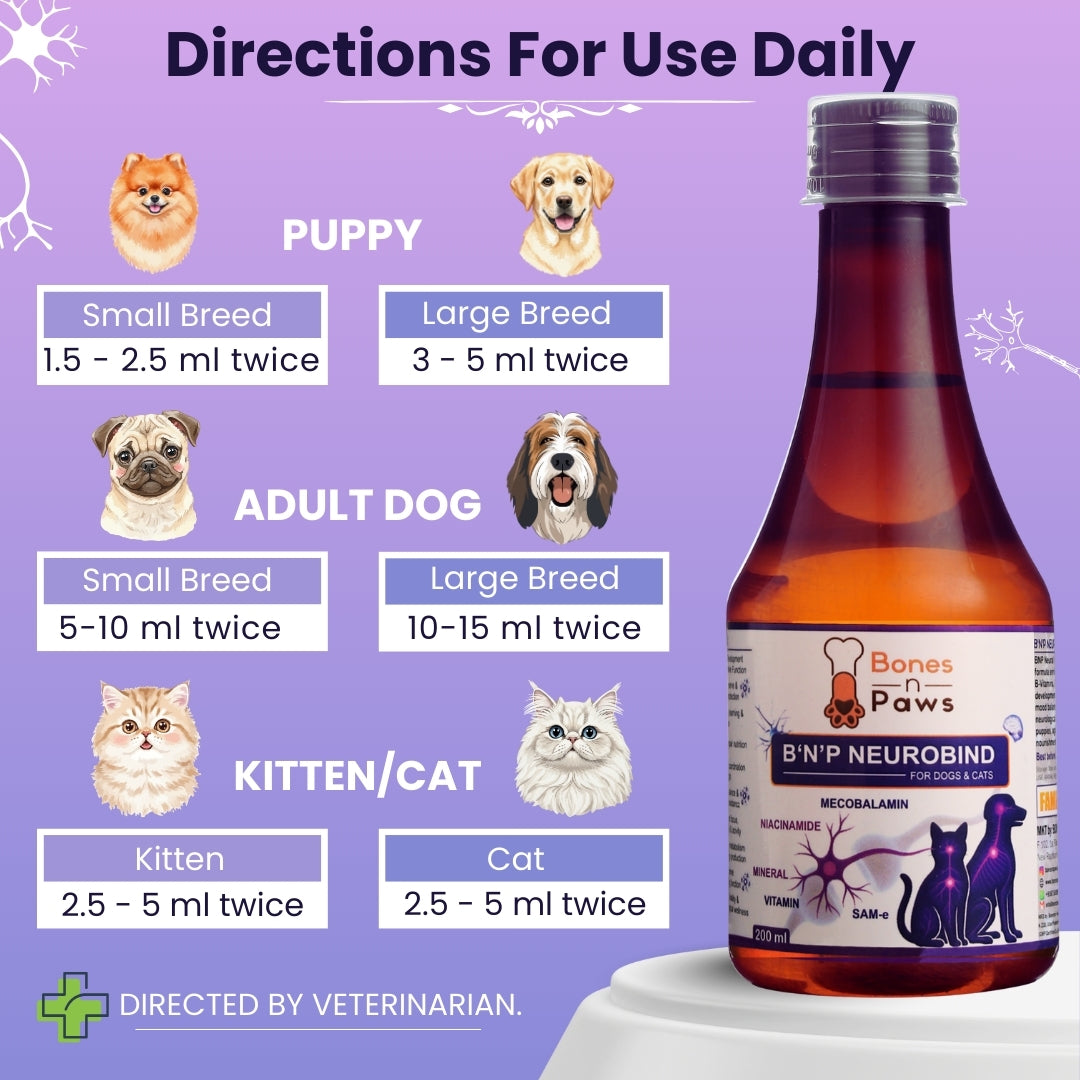 Bones & Paws B’N’P Neurobind Syrup for Dogs & Cats (200 ml) | Methylcobalamin, SAM-e, Niacinamide, Omega-3 & B Vitamins | Brain, Nerve & Cognitive Support