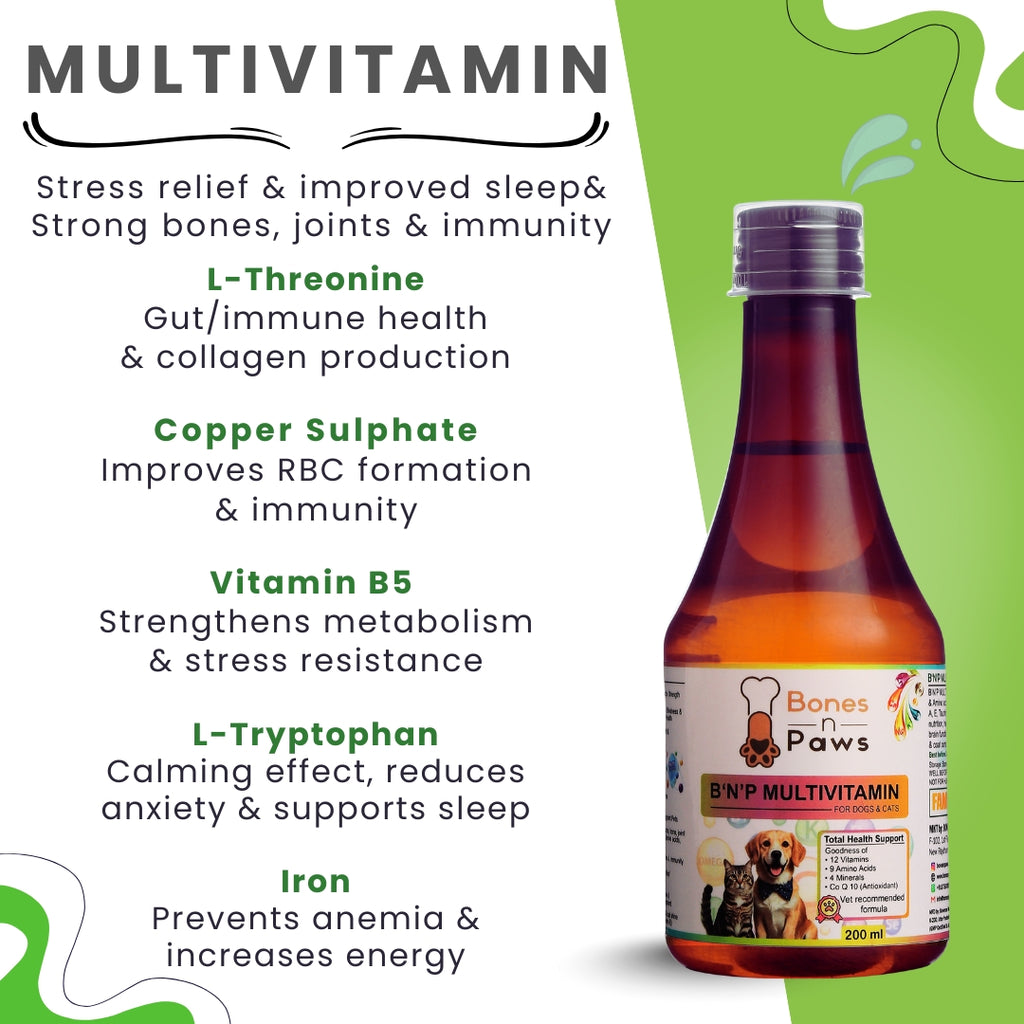 Bones & Paws B’N’P Multivitamin Syrup for Dogs & Cats (200 ml) | 12 Vitamins, 9 Amino Acids, Minerals & CoQ10 | Skin, Coat, Immunity & Energy Support