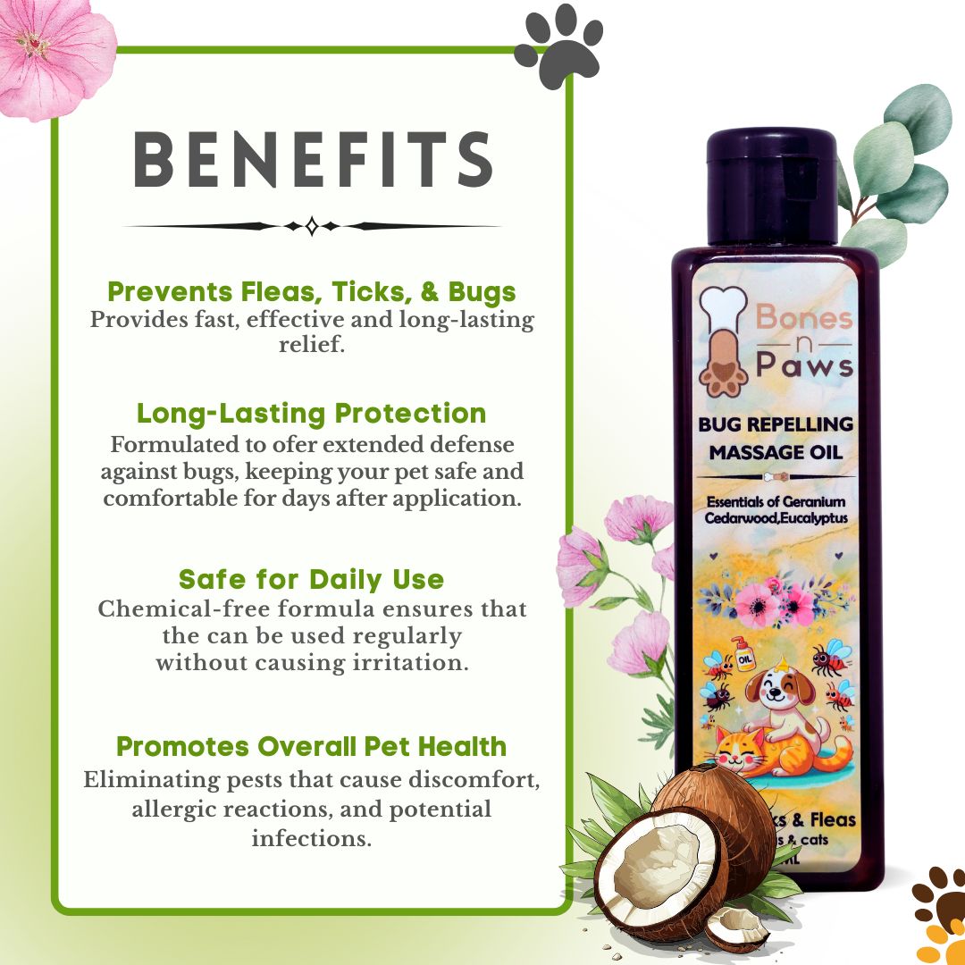 Bones N Paws Bug-Repelling Massage Oil for Dogs & Cats 200ml | Anti-Tick & Flea Pre-Bath Spa Oil | with Geranium, Cedarwood, Eucalyptus, Lemongrass & Cold-Pressed Coconut Oil  Puppy Safe