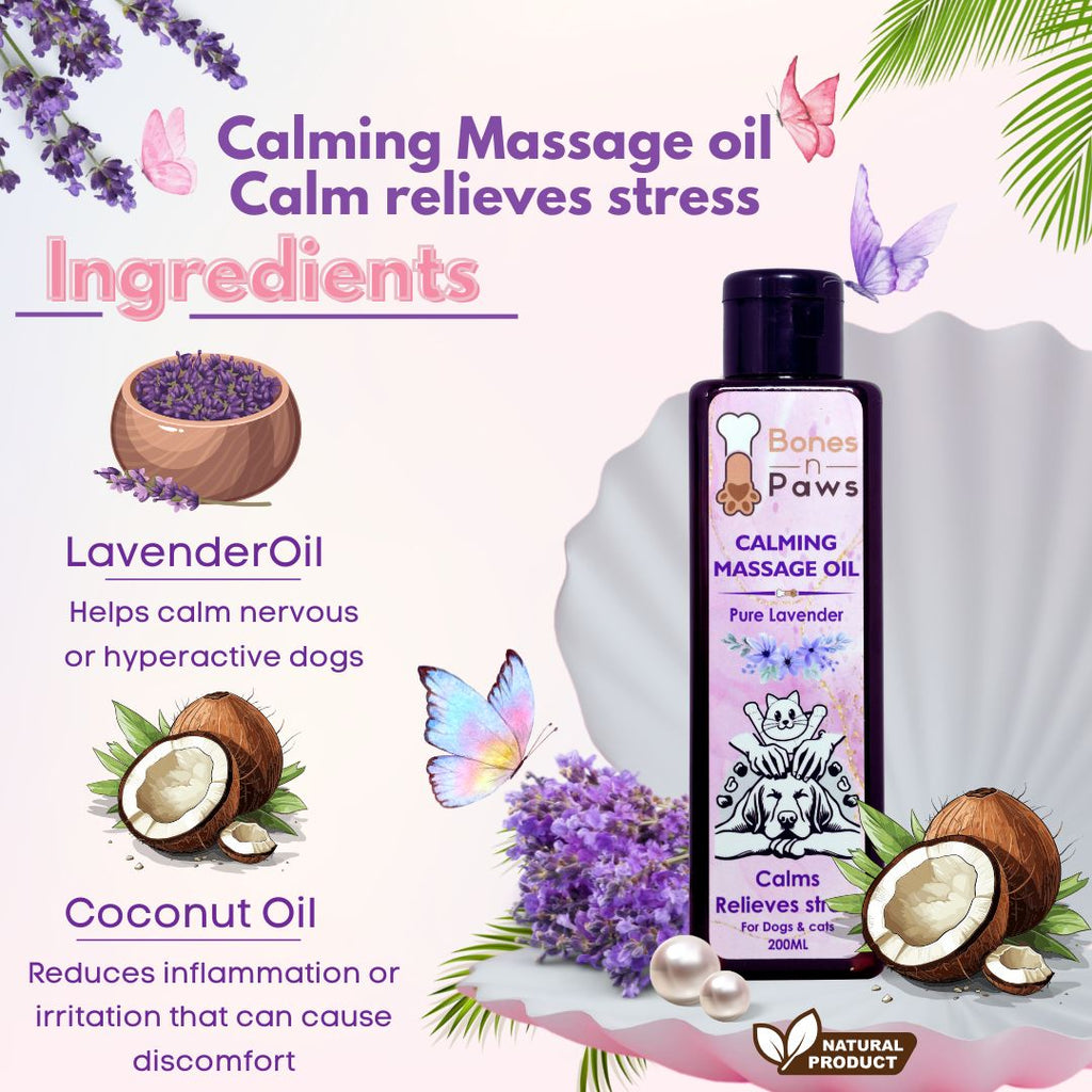 Bones N paws Calming Spa Massage Oil for Dogs & Cats 200 ml | Pre-Bath Aromatherapy with Lavender & Cold-Pressed Coconut | Stress Relief, Itching, Shedding, Joint Comfort Puppy Safe | Natural Pet Spa Oil |