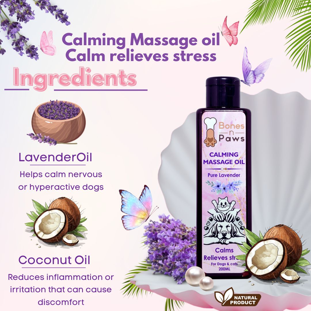 Bones N paws Calming Spa Massage Oil for Dogs & Cats 200 ml | Pre-Bath Aromatherapy with Lavender & Cold-Pressed Coconut | Stress Relief, Itching, Shedding, Joint Comfort Puppy Safe | Natural Pet Spa Oil |