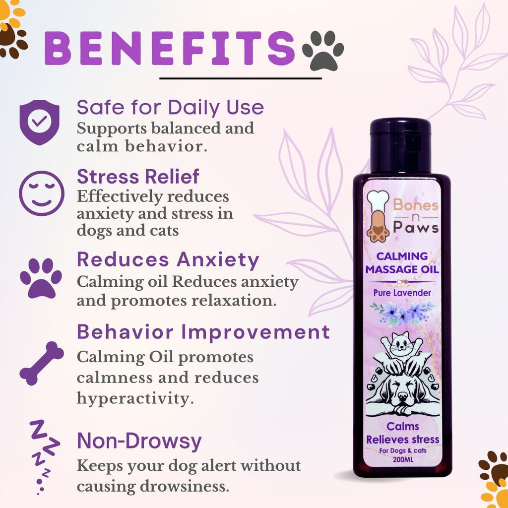 Bones N paws Calming Spa Massage Oil for Dogs & Cats 200 ml | Pre-Bath Aromatherapy with Lavender & Cold-Pressed Coconut | Stress Relief, Itching, Shedding, Joint Comfort Puppy Safe | Natural Pet Spa Oil |
