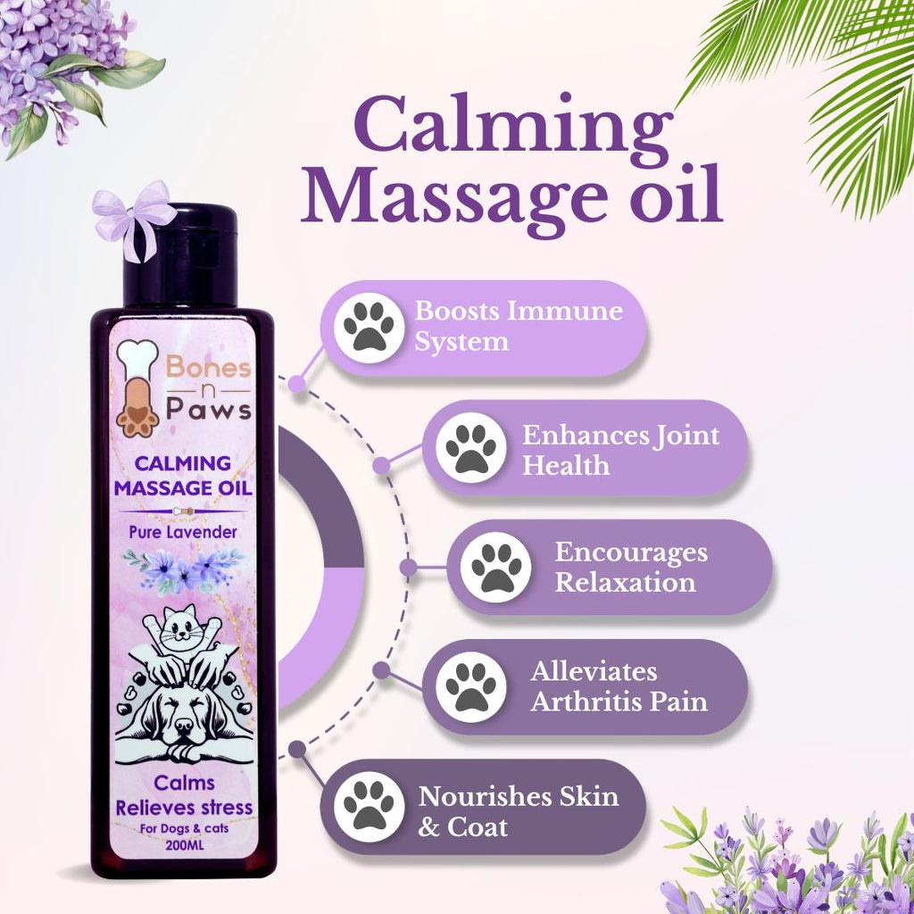 Bones N paws Calming Spa Massage Oil for Dogs & Cats 200 ml | Pre-Bath Aromatherapy with Lavender & Cold-Pressed Coconut | Stress Relief, Itching, Shedding, Joint Comfort Puppy Safe | Natural Pet Spa Oil |