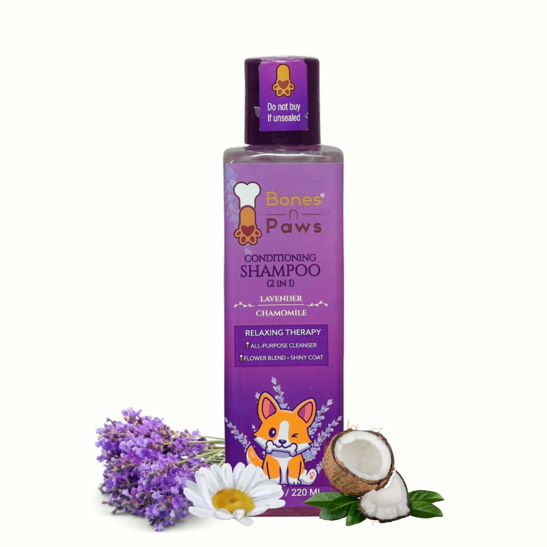 Bones N Paws 5-in-1 All Purpose Conditioning Dog Shampoo 220ml | Deodrise, Detangle,Cleanse, Moisturize, Shiny Coat  Puppy Safe| Anti-Fungal, Antibacteria, Antidandruff & pH Balance Lavender Chamomile | All Breed