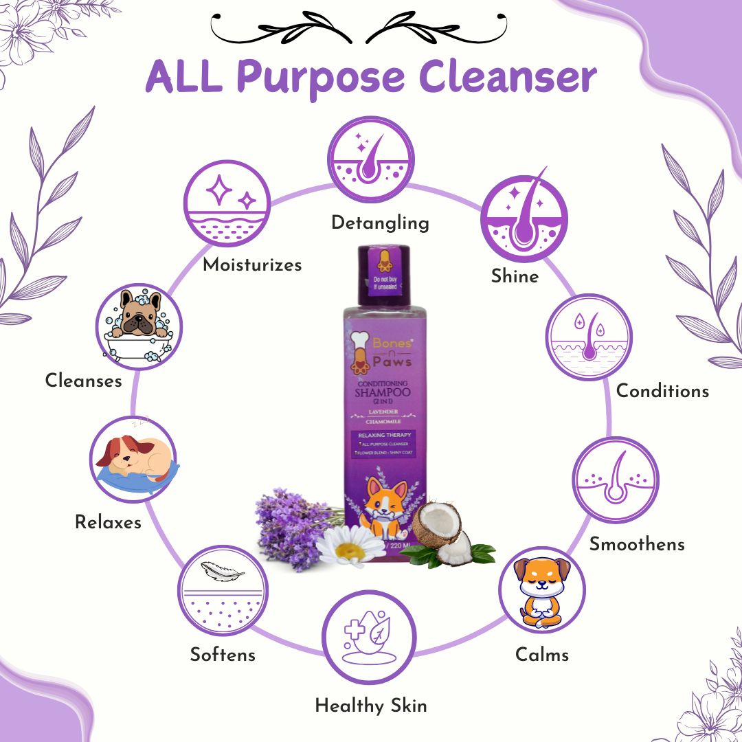 Bones N Paws 5-in-1 All Purpose Conditioning Dog Shampoo 220ml | Deodrise, Detangle,Cleanse, Moisturize, Shiny Coat  Puppy Safe| Anti-Fungal, Antibacteria, Antidandruff & pH Balance Lavender Chamomile | All Breed
