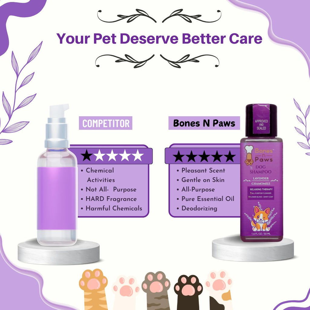Bones N Paws 5-in-1 All Purpose Conditioning Dog Shampoo 50ml | Deodrise, Detangle,Cleanse, Moisturize, Shiny Coat Puppy Safe | Anti-Fungal, Antibacteria, Antidandruff & pH Balance Lavender Chamomile | All Breed