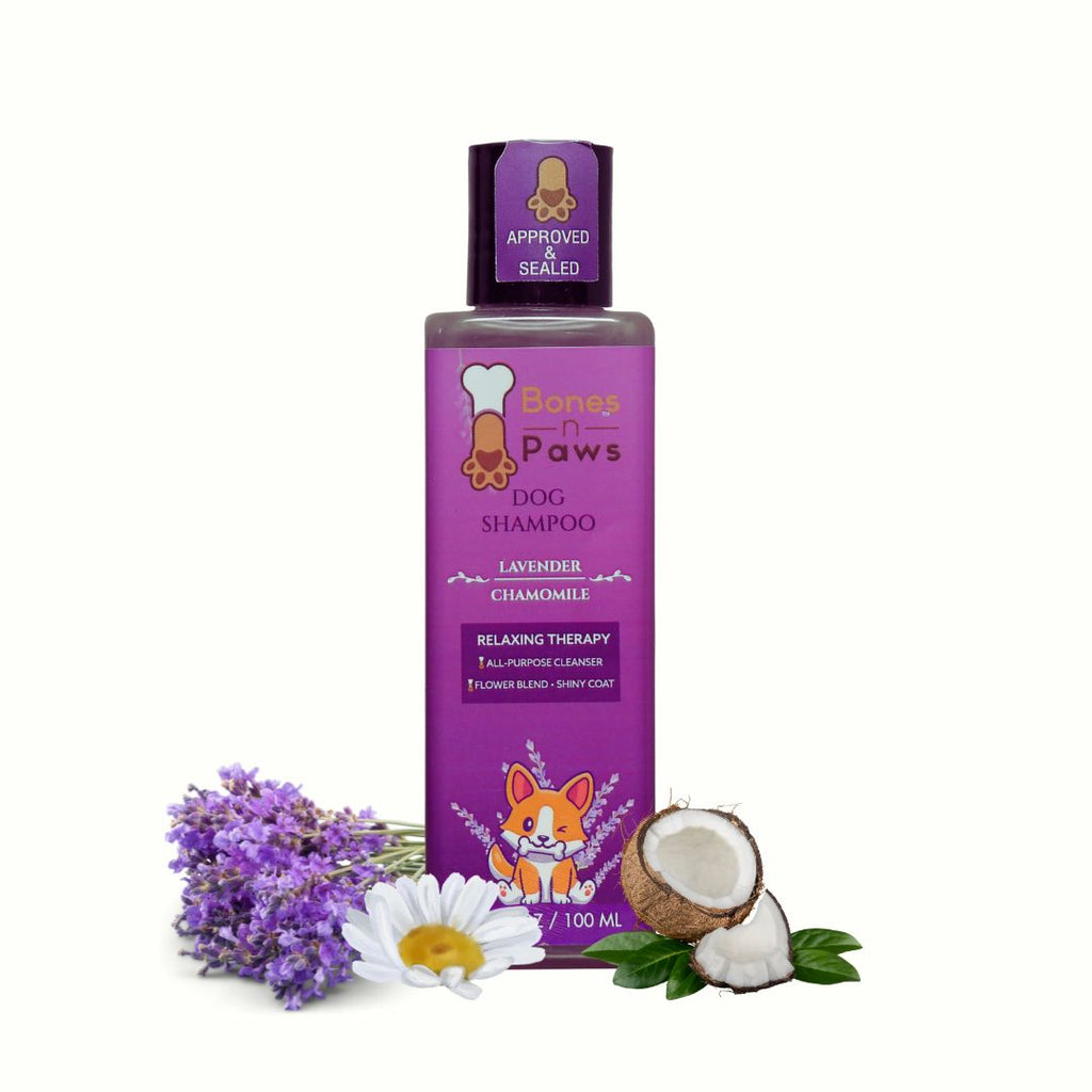 Bones N Paws 5-in-1 All Purpose Conditioning Dog Shampoo 100ml | Deodrise, Detangle,Cleanse, Moisturize, Shiny Coat | Anti-Fungal, Antibacteria, Antidandruff & pH Balance Lavender Chamomile | All Breed