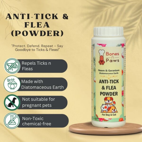 Bones ‘N’ Paws Anti-Tick & Flea Powder for Dogs & Cats | With Diatomaceous Earth, Neem, Geranium & Essential Oils | Kills Lice, Flea Eggs, Bacteria | Soothes Skin & Controls Odor | 100g