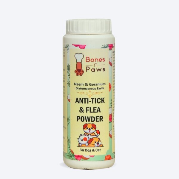 Bones ‘N’ Paws Anti-Tick & Flea Powder for Dogs & Cats | With Diatomaceous Earth, Neem, Geranium & Essential Oils | Kills Lice, Flea Eggs, Bacteria | Soothes Skin & Controls Odor | 100g
